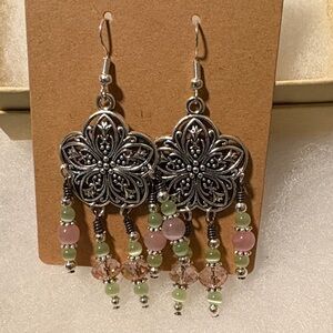 Ornate Silver Floral Earrings with Pink and Green Beads